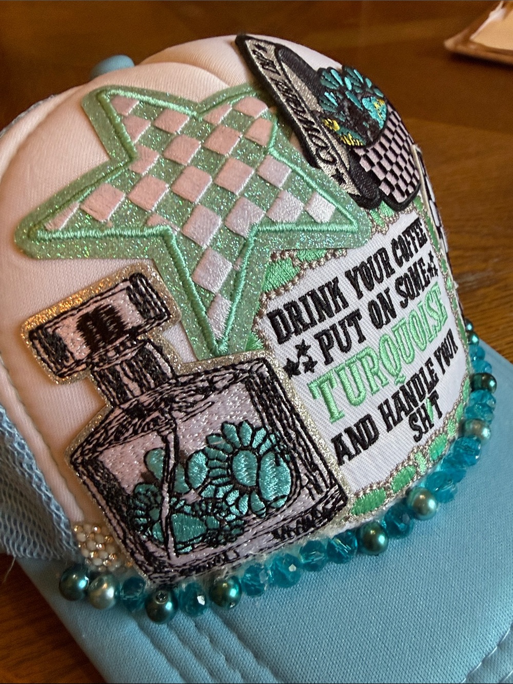 Turquoise Embellished Trucker Hat - Beaded Patch Design - Picture 4 of 5